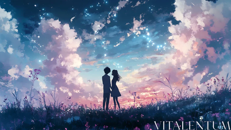 Two quiet hearts under a swirling pastel twilight sky.