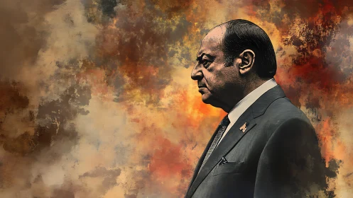 Stoic suited man silhouetted against stormy abstract fire