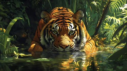 Low-perspective jungle tiger cooling in dappled forest water