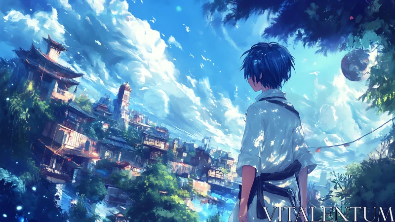 Solitary youth surveys luminous sky city in anime panorama