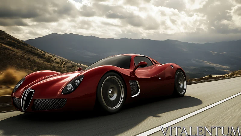 Red sports coupe travels along mountain highway in sunlight