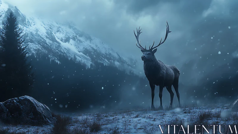Cervid silhouette in glacial storm-lit alpine convergence.