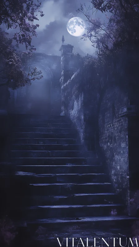 Moonlit stone staircase into a softly haunted night.