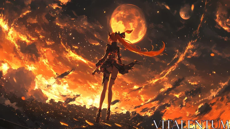Fiery sky swirls around a lone warrior under twin moons