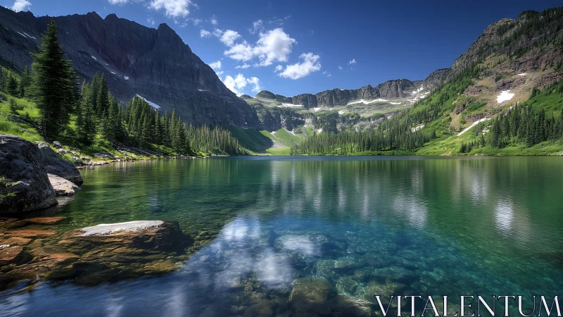 Mountain lake with clear water, evergreen trees and cliffs.