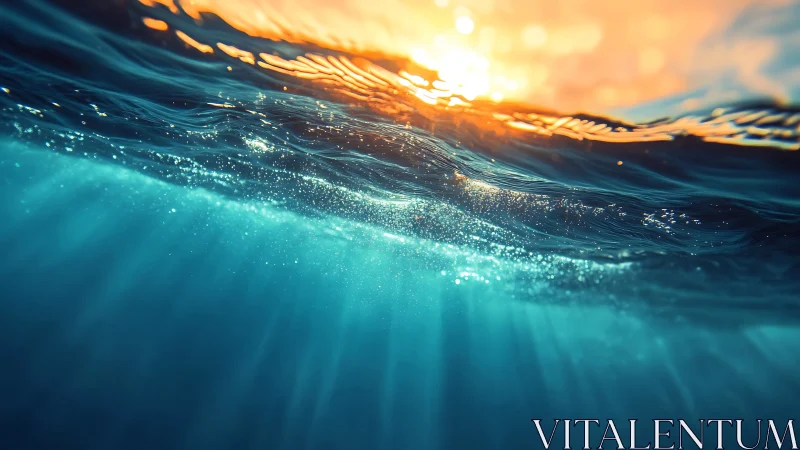 Photorealistic split-level seascape with refracted sunrays.