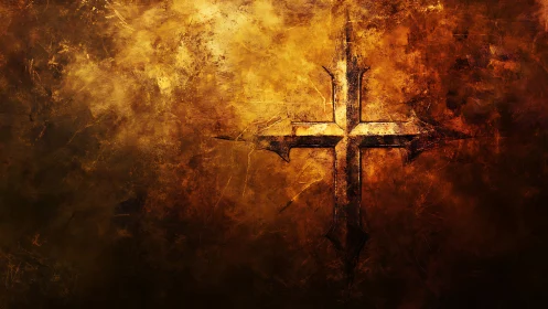 Burnished cross carves molten light through weathered dusk
