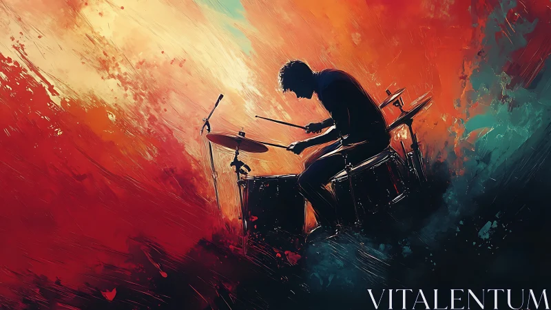 Expressive digital painting of drummer in kinetic color field.