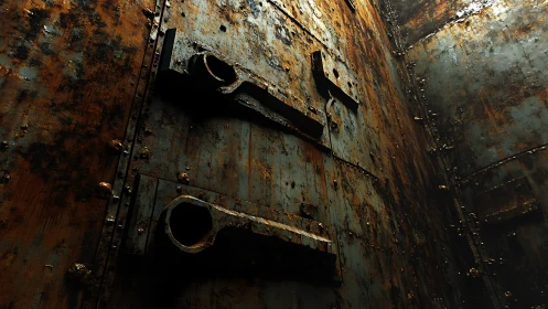 Rust-lit steel chamber where forgotten machines sleep on.