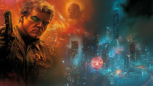 Grim cybernetic detective over neon-drenched megacity skyline.
