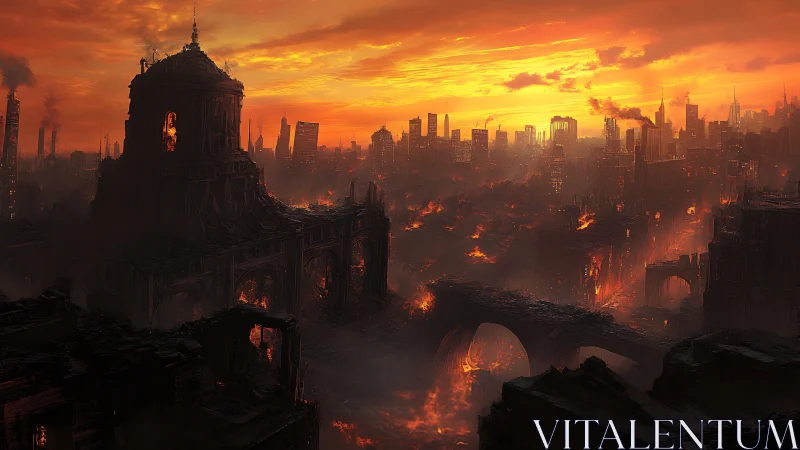 Post-apocalyptic megacity skyline burns under infernal sunset