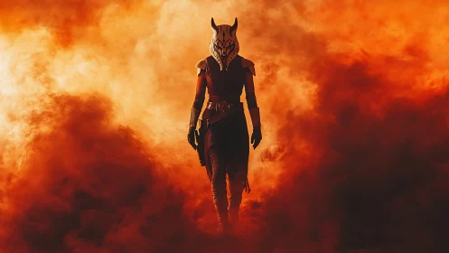 Armored horned wanderer emerging through incandescent smoke field.