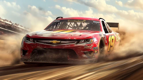Red thunder racecar rips through dust and molten sunlight.