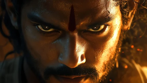 Blazing warrior gaze cuts through shadows like tempered fire