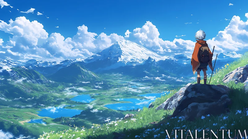 Solo cloaked traveler surveying alpine valley and lakes