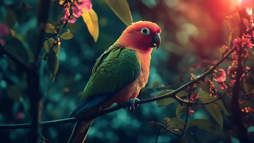 Vibrant parrot on flowering branch at sunset, dreamy nature scene.