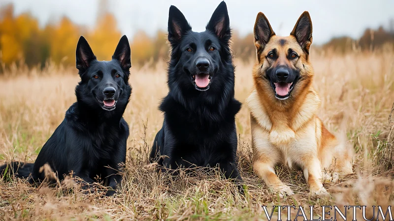 German shepherd trio posed in autumn field portrait.