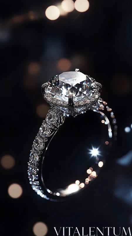 High-clarity diamond ring is photographed against dark background