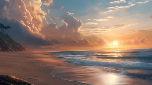 Golden sunrise light washes tranquil tropical shoreline.