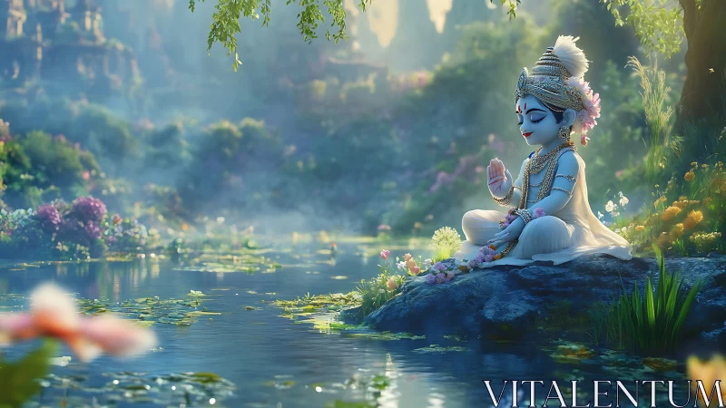 Child deity statue sits meditating beside reflective pond