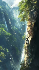Vertical canyon ascent beside high-velocity cascade wall.