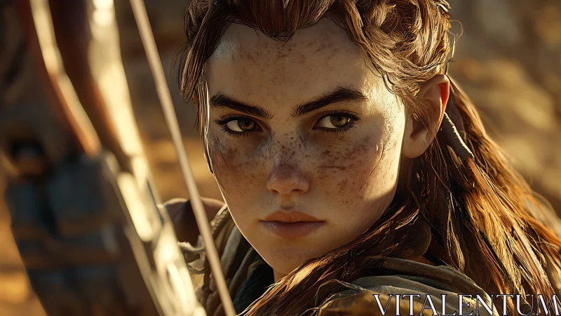 Sunlit archer narrows freckled gaze before the next shot