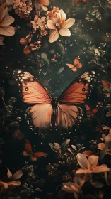 Enchanted monarch butterfly glows amid dusky florals.
