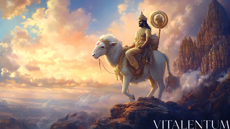 Divine warrior rides sacred ram above glowing mountain temples.