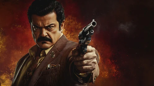 Man in brown suit aiming revolver against fiery backdrop.