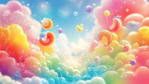 Whimsical Rainbow Cloud Sky with Floating Ornaments.
