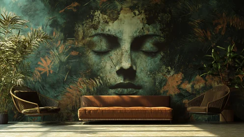 Dreamlike nature mural embracing a cozy modern lounge.