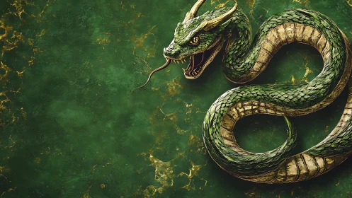 Emerald horned serpent coils over marbled green ground.