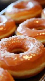 Glazed ring doughnuts with caramel sheen and sugar crystals.