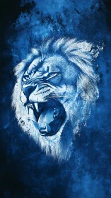 Roaring blue lion head on bold textured dark backdrop.