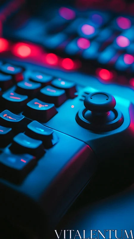 Gaming controller with keyboard under neon blue and pink lighting.