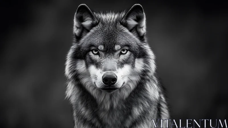 Silver-eyed wolf stares through shadowed monochrome silence.