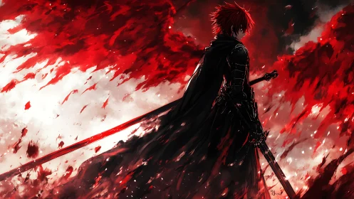 Crimson-winged swordsman stands amid abstract fiery vortex
