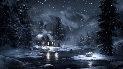 Snowy riverside cabin glowing under moonlit alpine peaks.