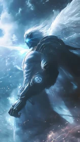 Celestial cybernetic sentinel amid turbulent ionized stormfields.