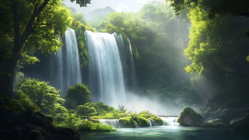 Lush emerald waterfall oasis bathed in ethereal morning light.