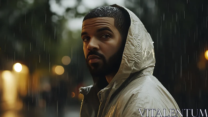 Hooded man in rain under city lights at dusk