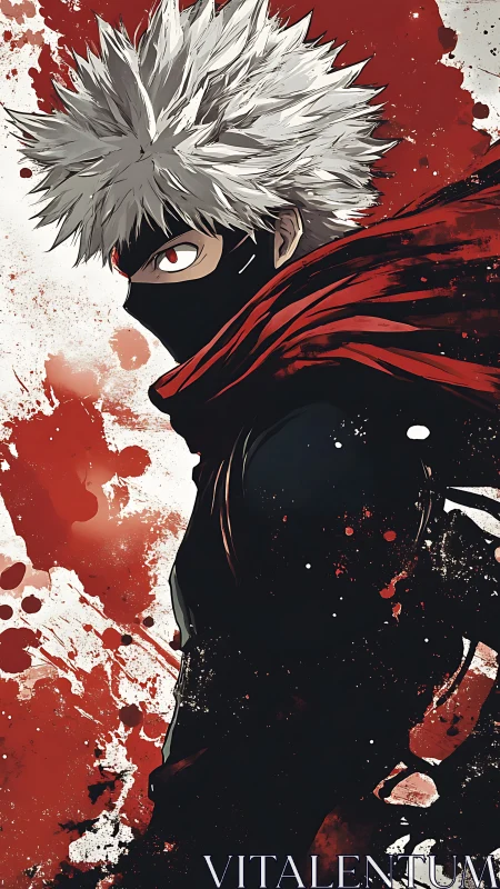 Masked anime fighter with red scarf amid dynamic blood-splatter field