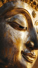 Macro study of gilded Buddha face with weathered metallic patina