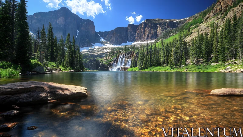 Mountain lake and waterfall shimmer under bright alpine sky