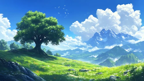 Sunlit hilltop tree watching over bright mountain valley.