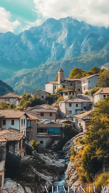 Mountain village clings to cliffs above a silver-blue stream.