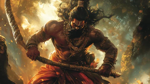 Warrior demigod ignites a forest battlefield with divine rage.