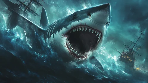 Gigantic predatory shark breaching amid storm-battered galleons.