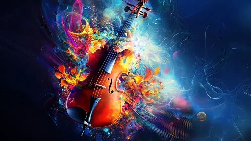 Cello with dispersed multicolored particles in dark field.