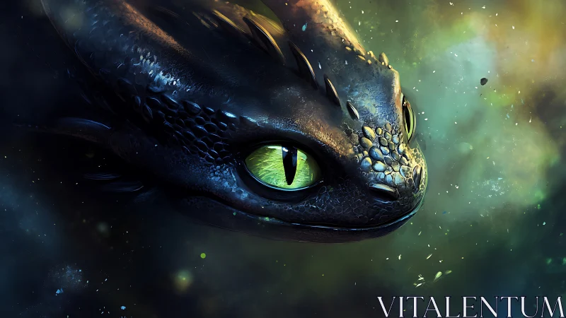 Gleaming dragon close-up amid glowing cosmic mist.